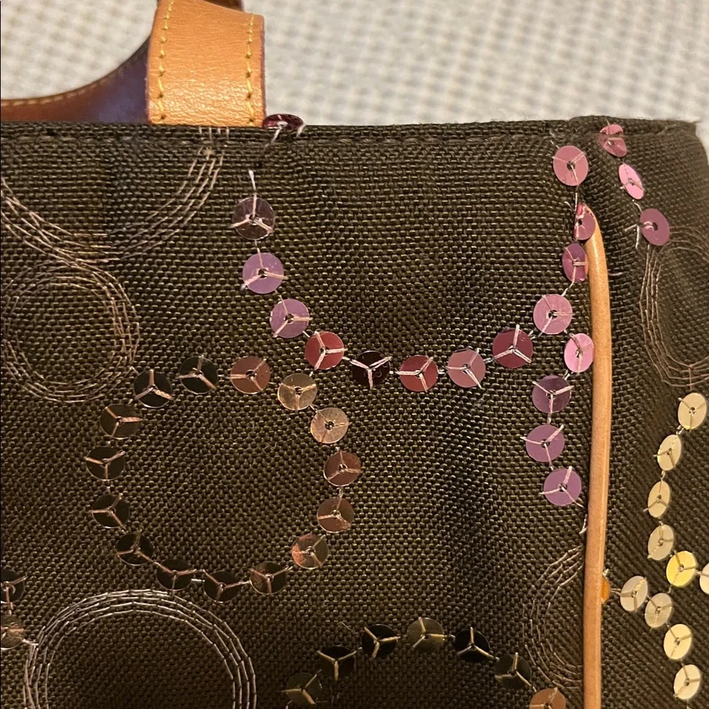 MZ Wallace Brown Neutral Embroidered Sequin Circles Leather Handles Canvas Tote